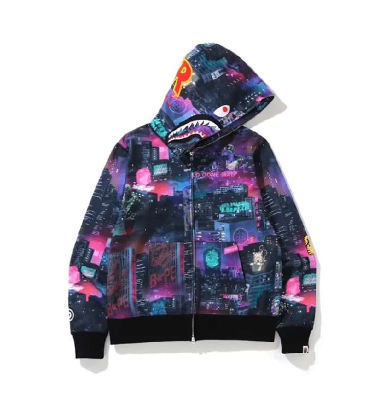 BAPE Neon Tokyo Shark Wide Full Zip Hoodie Black SS20